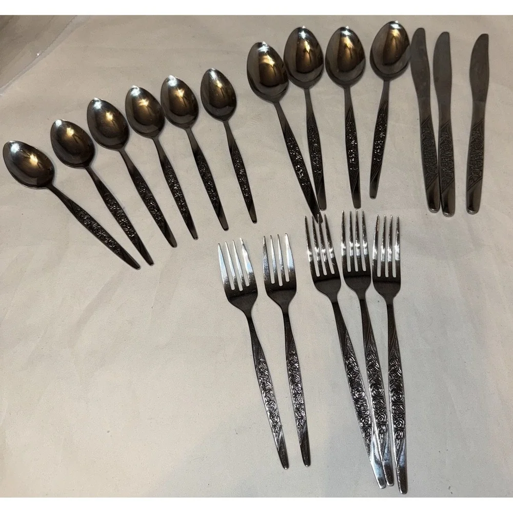 National CARESS Nasco ROSEVINE Floral Stainless Flatware Set‎ Of 18 **Read**